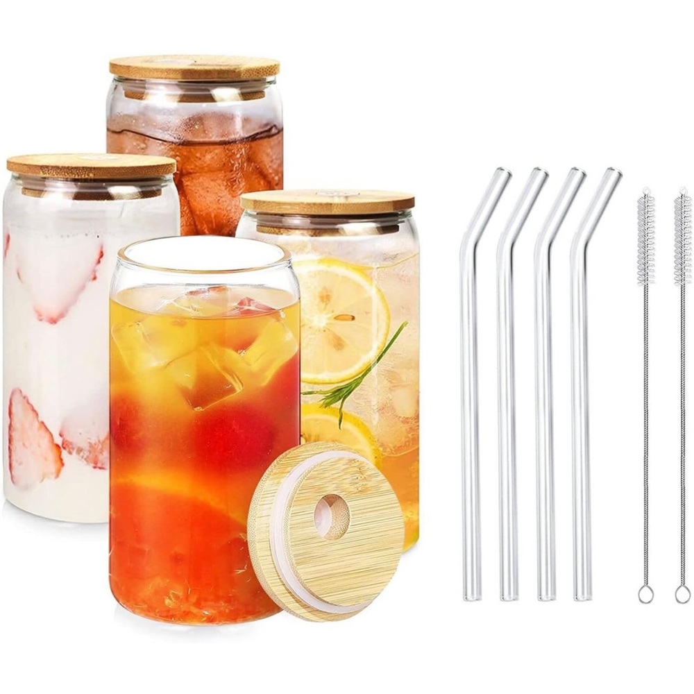 Drinking Glasses with Bamboo Lids and Glass Straw 4pcs Set,16 Oz Can Shaped